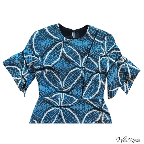 ROLAND MOURET “BANCROFT” BLUE GEOMETRIC PRINT EMBROIDERED MIDI PENCIL DRESS SZ 6 - Picture 4 of 15